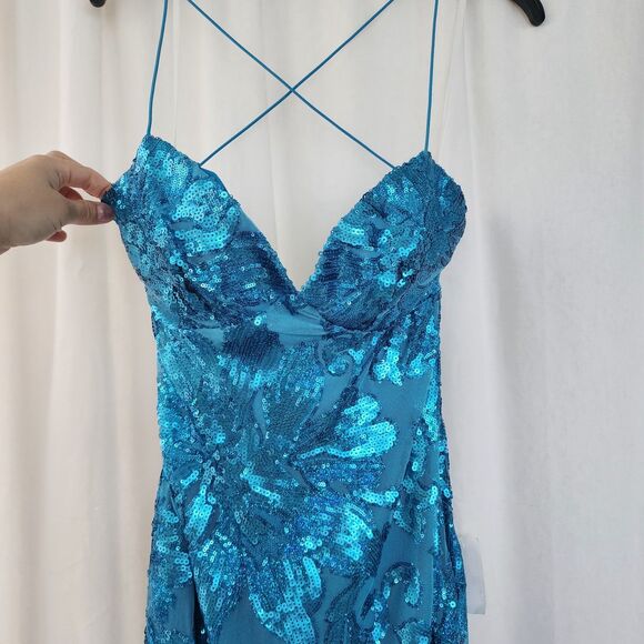 B. Darling Prom All Over Sequined Gown Blue flora Maxi Dress Turquoise Slit New - Picture 10 of 12